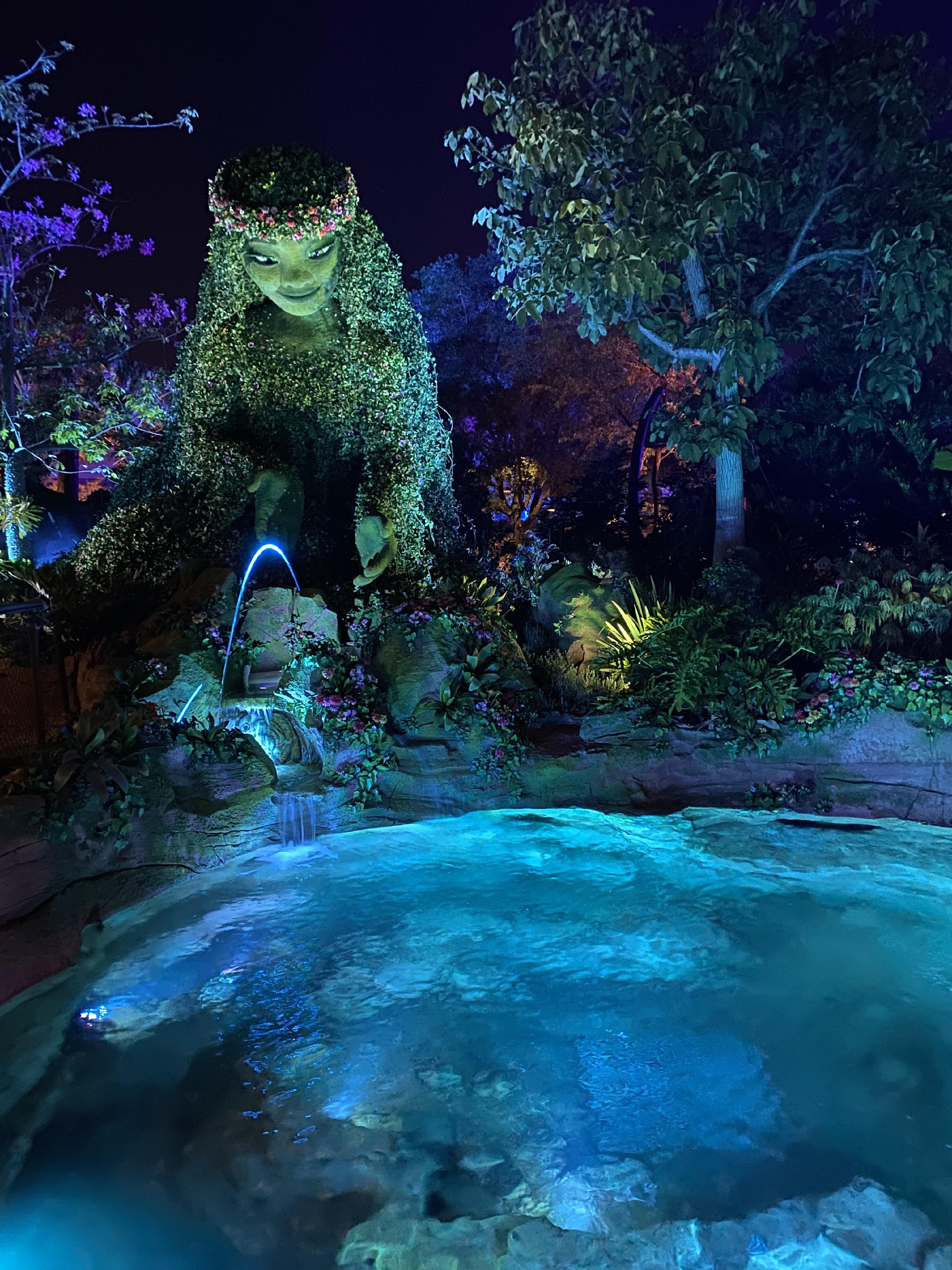 A water feature with a pool, gardens, and topiary at night