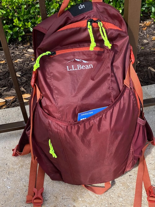 A photo of my park backpack. It is a maroon ll bean backpack.