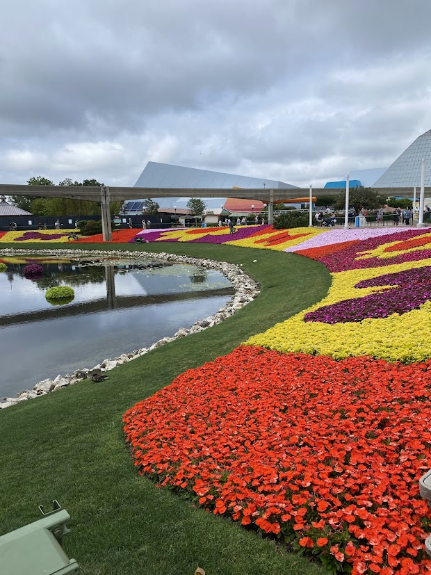 A photo of a field of flowers by the showcase lagoon in a variety of colors
